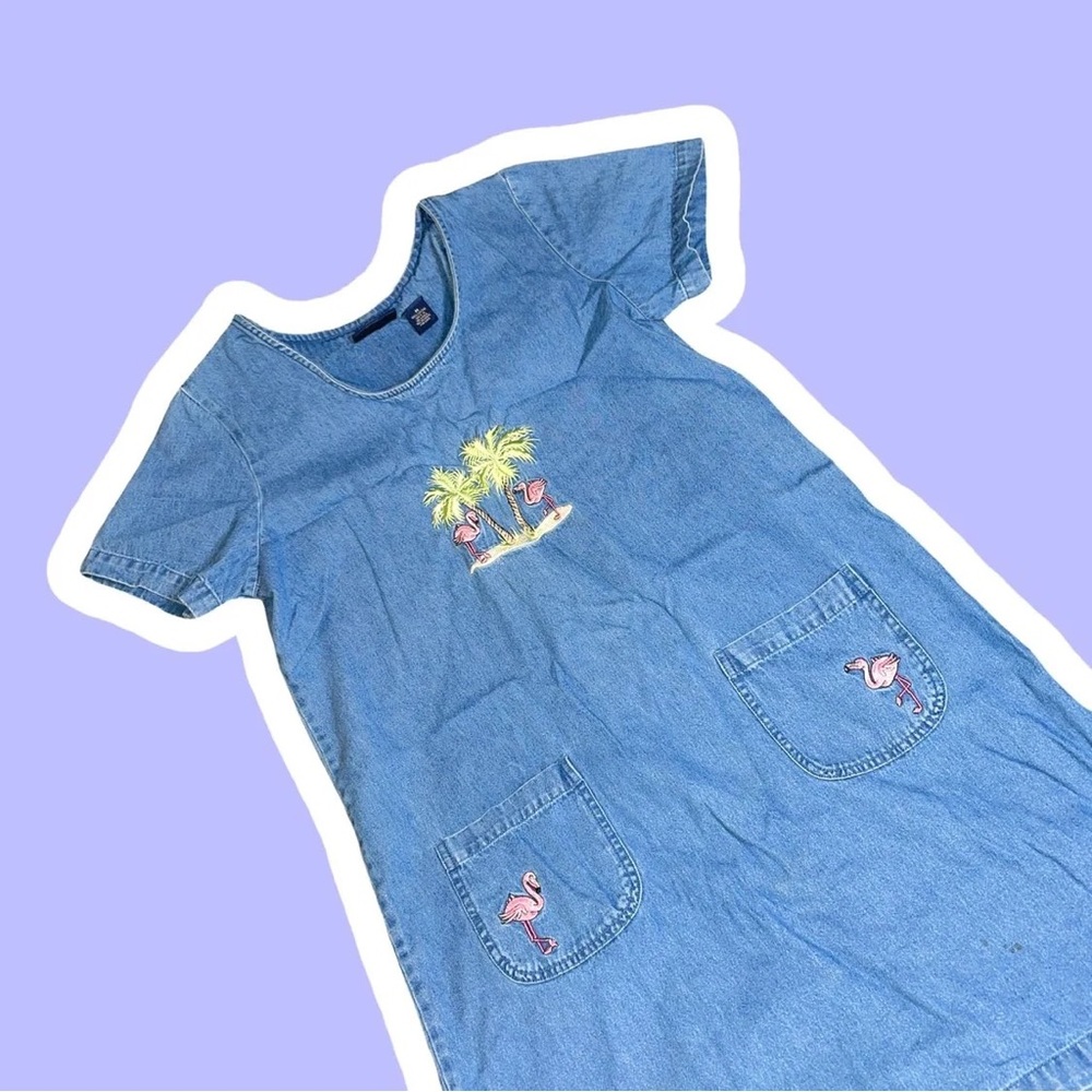 Vintage Flamingo Embroidered Jean Medium Dress Short Sleeved With Pockets Granny